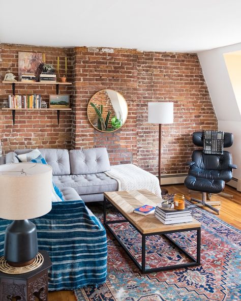 As a writer and photographer for Apartment Therapy, Emily Billings knows that readers look to House Tours for inspiration. She was kind enough to provide a glimpse into her Boston apartment—where she lives with her partner Max— and also provides links to most of the items in her beautiful home. Check them out below. Brick Wall Living Room, Brick Living Room, Boston Apartment, Exposed Brick Walls, Apartment Style, Walls Room, Office Set, Exposed Brick, Dream Decor