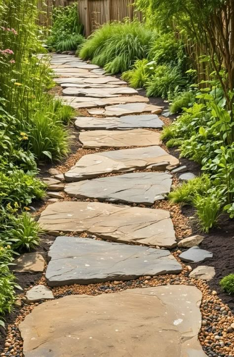 Diy Gravel And Paver Walkway, Stone Paths Walkways, Backyard Paver Walkway Ideas, Diy Walkway Ideas, Stone Walkways Paths Diy, Natural Stone Walkway, Garden Walkways Pathways Diy, Easy Walkway Ideas Diy, Cheap Pathway Ideas