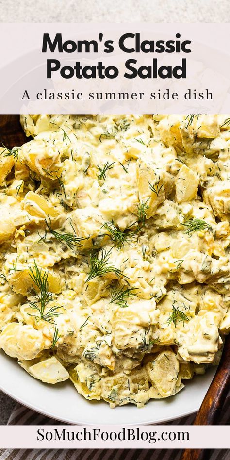 Today I’m sharing my Mom’s Best Ever Classic Potato Salad recipe! Skip the store bought because this recipe blows it out of the water.This is a classic southern-style potato salad recipe with chopped eggs, pickles, celery, onion, and fresh dill with a creamy mayonnaise-based dressing. Moms Potato Salad, Potato Salad With Pickles And Eggs, Potato Salad Recipes With Egg, Dill Potato Salad Recipe, Dill Pickle Potato Salad, Potato Salad With Dill, Pickle Potato Salad, Egg Potato Salad, Dill Potato Salad