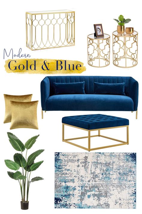 Items for a modern Home decor theme including a blue velvet couch, gold side tables and blue velvet ottoman Navy Blue White Gold Grey Living Room, Sapphire Living Room, Blue Sofa Living Room Colour Schemes, Blue Grey Gold Living Room, Blue Gold Living Room, Blue And Gold Decor, Furniture Goals, Blue Accents Living Room, Modern Glam Home