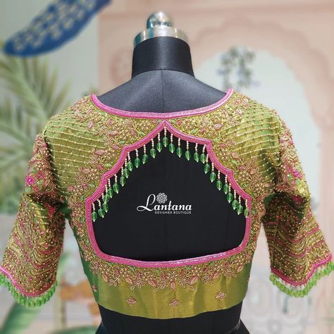 Bridal Blouse With Heavy Embroidery Design 🌟 This stunning Bridal Blouse,meticulously designed with intricate Zardosi,Cutdana ,and Threadwork. Blouse features Back neck line adorned with Elegant Green Beed Hangings. 😍 The sleeves are heavily embroidered wiry beautiful motifs and marching Hangings ⚡️⚡️ @lantanaboutiquebangalore Marathahalli, Bangalore #heavyembroidery #embroiderydesign #hangings #cutdana #beads #beadwork #threadwork #lightgreen #pink #combination #trending #heavydesign #... Threadwork Blouse, Neck Line Design, Pink Combination, Heavy Embroidery, Bridal Blouse, Neck Line, Back Neck, Thread Work, Line Design