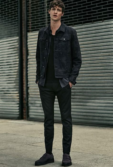 How To Wear All-Black: The Ultimate Menswear Move | FashionBeans Black Jean Jacket Outfit, Black Denim Jacket Outfit, Black Denim Vest, Black Outfit Men, Men's Denim Style, Casual Denim Jacket, Black Jean Jacket, Jean Jacket Outfits, Denim Jacket Outfit