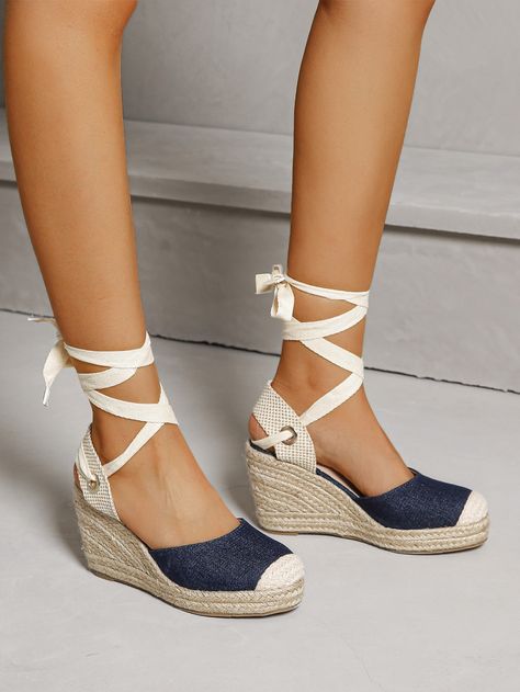 Blue Wedge Heel Espadrilles For Spring, Blue Wedge Heel Espadrilles For Beach, Blue Espadrille Platform Wedge Sandals, Blue Closed-toe Wedge Sandals For Summer, Denim Espadrilles, Heeled Espadrilles, Blue Wedges, Blue Open-toe Espadrilles With Woven Sole, Strappy Wedges