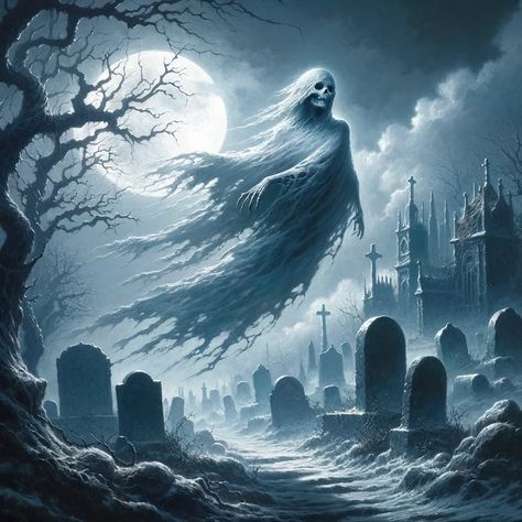 Sebastián Iturralde on X: "Under the haunting glow of the moon, a spectral Wraith drifts silently through a forgotten graveyard, its ethereal presence a whisper of ancient tales and long-lost secrets. https://t.co/IYC3yt6Wrs" / X Gothic Setting, Halloween Live Wallpaper, Haunted Graveyard, Dark Alice In Wonderland, Grim Reaper Art, Scary Ghost Pictures, Halloween Graveyard, Halloween Moon, Creepy Horror