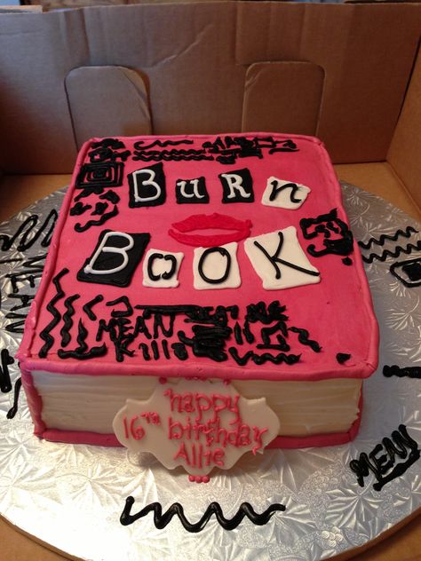 Burn Book cake.  Turned out awesome! Burn Book Birthday Cake, Burn Book Cake Ideas, Burn Book Birthday Party, Early 2000s Cake, Mean Girls Cake Ideas, Burn Book Cake, Mean Girls Cake, 16 Bday Cake, Y2k Birthday Party