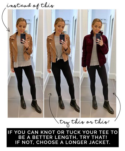 What Jackets to Wear with Long Tops - Merrick's Art Jacket Length Guide, How To Wear Tunic Tops Outfits, Shirt Length Guide, Long Top Outfit, Style Formula, Tunic Tops Outfit, Long Tunics, Trendy Leather Jacket, Pediatric Pt