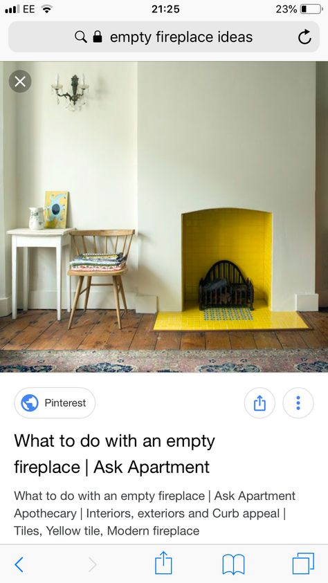 Empty Fireplace Ideas, Fireplace Apartment, Tiled Fireplace, Yellow Tile, Living Room Tiles, Yellow Living Room, Modern Fireplace, Fireplace Tile, Sitting Room