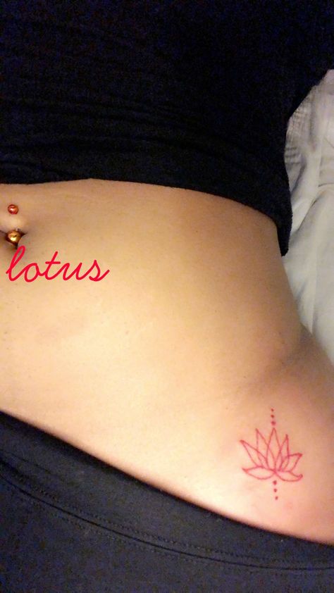 Red Tattoo On Thigh, Back Of Neck Tattoo Lotus Flower, Lotus Tattoo Hip, Lotus Hip Tattoo, Red Ink Tats, Lotus Flower Tattoo Red, Red Tattoo Ideas Female, Small Red Tattoo Ideas, Handtattoo Ideas