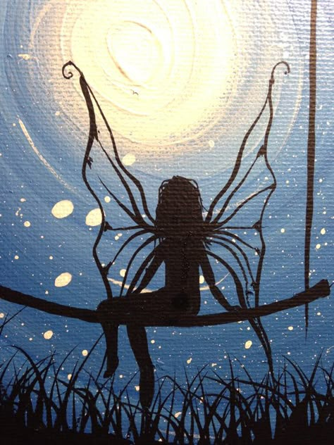 I wish I may - 9 x 12 acrylic on canvas, ready to hang, by Michael H.  Prosper | Swings and Acrylics Layers Painting Art, Easy Fairy Paintings For Beginners, How To Paint Fairies, Acrylic Fairy Painting, How To Draw A Fairy, Fairy On Moon, Fairy Painting, Night Fairy, Fairy Silhouette