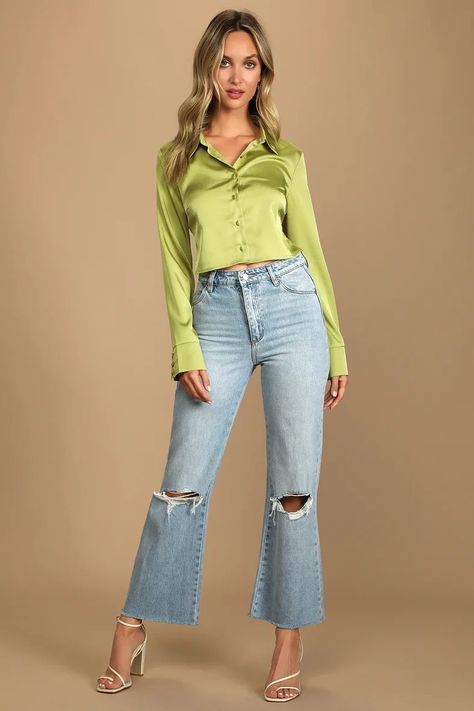 Cropped Jeans Outfits, Back Light, Jeans Outfits, Green Button, Green Satin, Tie Backs, Cropped Jeans, Winter Style, Bell Bottom Jeans