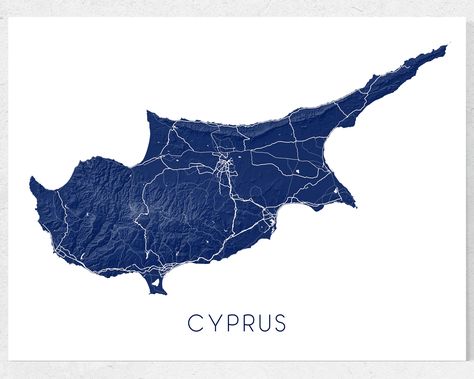 "Cyprus map art print with 3D topographic landscape features. Main Cyprus roads meet at larger communities such as Nicosia and Limassol. Available in both portrait/landscape page orientation, several sizes and colors to fit your home or office wall decor. Maps As Art prints and posters are designed and made by us in our studio using premium quality paper and inks with professional grade printers. 😀 REMOVE TITLE?  Leave us a \"remove text\" note at checkout. * FOR CANADIAN CUSTOMERS - Prices inc Cyprus Tree Tattoo, Cyprus Illustration, Cyprus Map Illustration, Cyprus Map, Lake Portrait, Protaras Cyprus, Cyprus Protaras, Marine Landscape, Country Wall Art