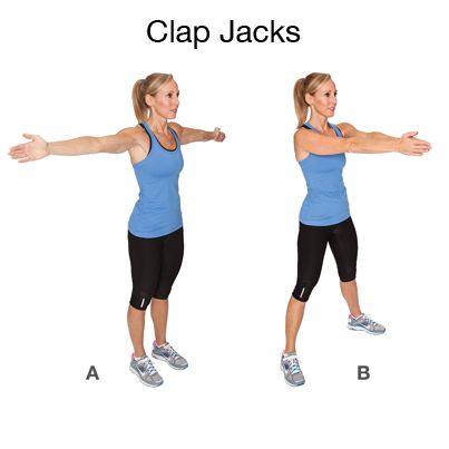 Clap Jacks How to do it: Stand up straight with your feet shoulder width apart. Place your arms out to your side and parallel to the ground. Jump your feet out wide while clapping your hands in front of you. Jump feet back to shoulder and return arms out to the side. Repeat. Jumping Jacks Workout, Belly Fat Diet, Aerobics Workout, Fat Burning Workout, Sagging Skin, Workout Guide, Shoulder Workout, Easy Workouts, Workout Programs