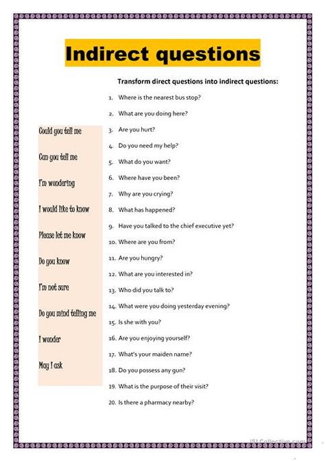 Indirect questions - English ESL Worksheets for distance learning and physical classrooms Articles Worksheet, Direct And Indirect Speech, Indirect Speech, Reported Speech, Good Vocabulary Words, Good Vocabulary, English Classroom, English Idioms, English Writing