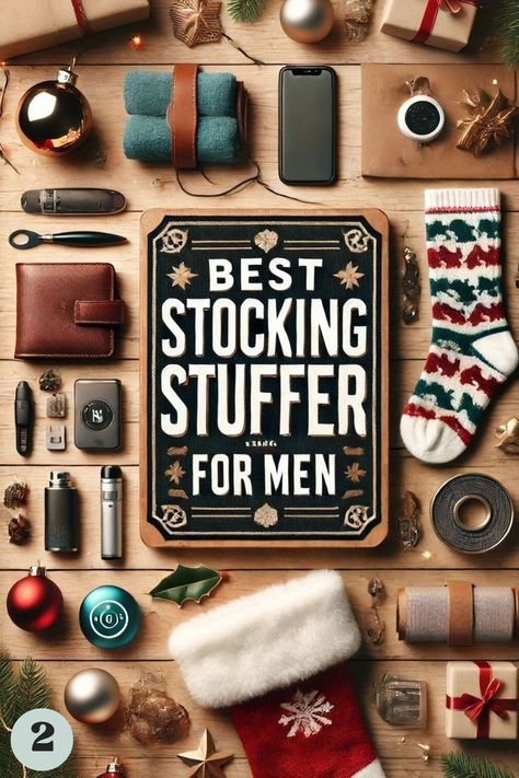 Image reads 'The Best Stocking Stuffers for Men' displayed on a wooden sign. The background features a wooden surface with festive Christmas decorations, including ornaments, socks, coffee, stockings, cologne, phone accessories, and more, creating a holiday-themed setting Mens Gift Guide Christmas, Best Stocking Stuffers For Men, Husband Stocking Stuffers, Dad Stocking Stuffers, Boyfriend Stocking Stuffers, Fun Stocking Stuffers, Men In Stockings, Christmas Gifts For Brother, Gift Guide For Men