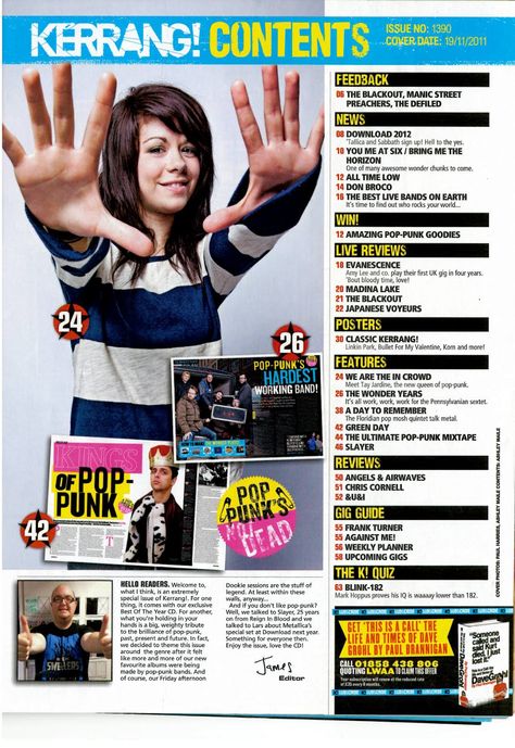 Kerrang contents page Music Magazine Contents Page, Magazine Contents Page, Media Coursework, Contents Page, Magazine Contents, Magazine Interview, Music Magazine, Content Page, All Time Low