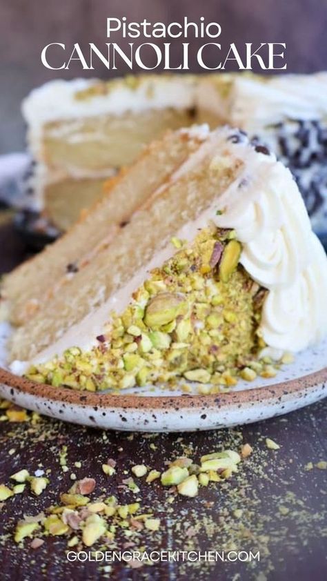 Sink your fork into the sumptuous melt-in-your-mouth texture of Pistachio Cannoli Cake with a creamy ricotta filling and orange-kissed mascarpone frosting. This decadent cake dressed in crunchy pistachios and sweet chocolate chips will demand center stage of any occasion. It will be love at first bite! Pistachio Cake Filling, Pistachio Cannoli, Cannoli Cake, Pistachio Dessert, Cannoli Filling, Ricotta Filling, Cannoli Cream, Ricotta Cake, Pistachio Cake