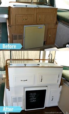 Pop Up Camper Kitchen Makeover: We gave the cabinets a new coat of paint, changed out the hardware, installed a new faucet, and replaced the counter tops. Tent Trailer Remodel, Pop Up Remodel, Pop Up Camper Ideas, Pop Up Camper Remodel, Popup Camper Remodel, Pop Up Tent Trailer, Pop Up Camping, Pop Up Campers, Pop Up Trailer