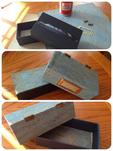 Repurposed iPhone box Repurpose Apple Product Boxes, Upcycled Boxes, Diy Nursery Furniture, Iphone Box, Modern Baby Boy Nursery, Reuse Crafts, Souvenir Display, Craft From Waste Material, Box Crafts