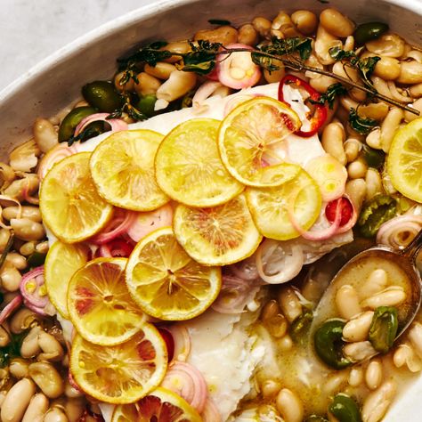 Roast Fish with Cannellini Beans and Green Olives Recipe Recipe | Epicurious Vacation Kitchen, Fish Casserole, Roasted Halibut, Halibut Recipes, Roast Fish, New Years Dinner, Olive Recipes, Fish Dinner, Quick Healthy Meals