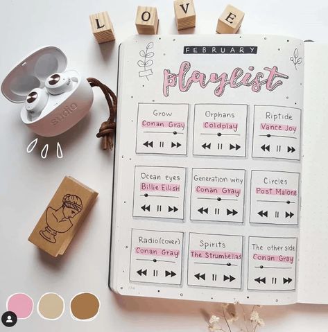 Playlist Drawing Ideas, Playlist Drawing, Bullet Journal Spread Ideas, Ideas Bullet Journal, Artist Hue, Journal Spread Ideas, March Bullet Journal, February Bullet Journal, December Bullet Journal