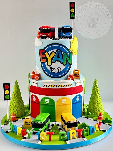 Tayo Bus themed 1st birthday two tier Cake Tayo Birthday Theme, Tayo The Little Bus Birthday Cake, Tayo Birthday Decoration, Tayo Bus Cake, Tayo Birthday Party, Tayo Cake, Bus Cake, 5th Birthday Cake, Themed 1st Birthday