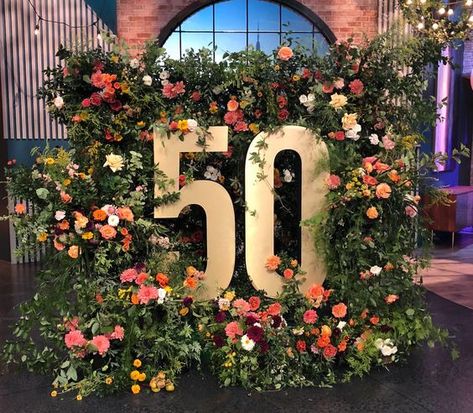 50th Birthday Celebration, Surprise 50th, Moms 50th Birthday, Event Backdrop, Event Experience, Event Activities, Floral Backdrop, Backdrop Design, Floral Foam