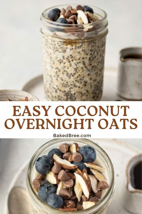 Try our Easy Coconut Overnight Oats for a delicious breakfast! Mix rolled oats, light coconut milk, maple syrup, vanilla, and chia seeds. Refrigerate overnight and wake up to a creamy treat. Customize with coconut flakes, chocolate chips, blueberries, and almonds. Blueberry Coconut Overnight Oats, Overnight Oats With Coconut Flakes, Overnight Oats With Coconut Milk, Overnight Oats Coconut Milk, Coconut Milk Overnight Oats, Chia Seed Overnight Oats, Oats Baked, Coconut Overnight Oats, Baked Bree Recipe