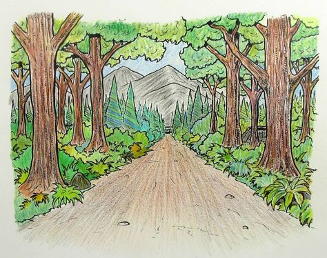 Forest Path Drawing, Pathway Drawing, Path Drawing, Woods Drawing, Forest Pathway, Path Ideas, Drawing Simple, Forest Path, Drawing Easy