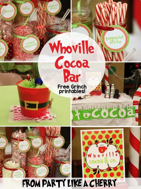 Grinch movie night and party ideas and free printables. Including all the details for this Whoville Hot Cocoa Bar. #grinchparty #partylikeacherry #hotcocoabar Grinch Party Centerpiece Ideas, The Littlest Who Is Coming To Whoville, Grinch Hot Cocoa Bar Ideas Christmas, Hot Cocoa Movie Night, Grinch Movie Night Decorations, Winter Christmas Party Ideas, Christmas 2 Year Birthday, Christmas Movie Birthday Party Ideas, Hot Cocoa Bar Grinch