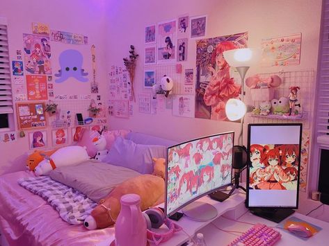 Gamer Girl Room Ideas, Otaku Room Aesthetic, Anime Bedroom Ideas, Anime Bedroom, Zimmer Diy, Gamer Bedroom, Kawaii Bedroom, Otaku Room, Gamer Room Decor