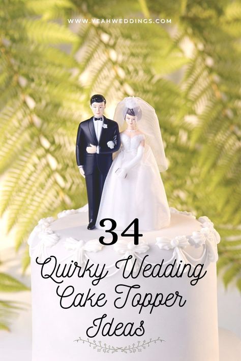 If you and your partner are hoping to find ideas that go beyond traditional wedding cake toppers of fresh fruit or flowers, then you’re in luck. With unique cake toppers, your wedding cake table will pop!Learn about all of the most popular wedding cake topper ideas in our list here at YeahWeddings! elegant wedding cakes | wedding cake styles | weddings cakes idea | pretty wedding cakes | rustic wedding cakes | stunning wedding cakes | fun wedding cakes ideas | wedding cakes decorating Creative Cake Toppers Wedding, Creative Wedding Cake Toppers, Alternative Wedding Cake Toppers, Custom Wedding Cake Topper, Petite Wedding Cake Ideas, Wedding Cake Toppers Diy, Traditional Wedding Cake Topper, Fun Cake Toppers Wedding, Wedding Topper Ideas