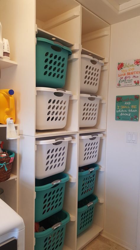 Laundry Clothes Storage, Laundry Sorting Cabinet, Sorting Clothes Organizing, Laundry Room Dirty Clothes Storage, No Fold Clothes Storage, No Fold Laundry System, Laundry Sorting Ideas, Dirty Laundry Storage Ideas, Room Seperator