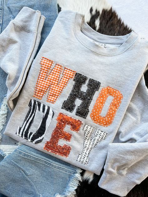 WHO DEY | Handmade Appliqué Shirt Cricut Fabric Applique, Applique Shirts For Women, Reverse Applique Sweatshirt Diy, Reverse Applique Sweatshirt, Machine Embroidery Ideas, Patchwork Crewneck, Cheer Games, Handmade Applique, Who Dey