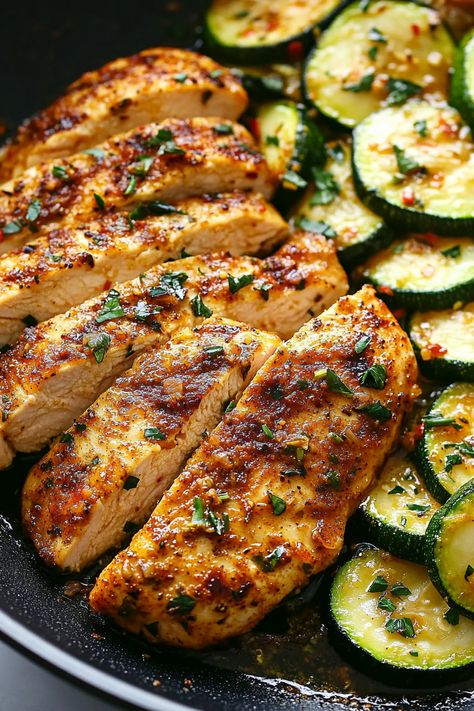 Easy Garlic Chicken and Zucchini Chicken Veggie Dinner, Chicken Zucchini Crockpot Recipes, Sheet Pan Chicken And Zucchini, Zucchini And Chicken Recipes, Chicken And Zucchini Recipes, Baked Chicken And Zucchini, Sauteed Chicken Recipes, Roasted Dinner, Chicken Zucchini Recipes