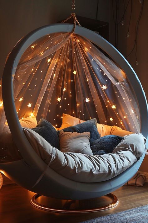 Transform your indoor space into a celestial sanctuary with our galaxy-inspired hanging loungers! ✨ Dive into cosmic comfort and elevate your relaxation experience. #IndoorDecor #CelestialStyle #GalaxyInspired #HomeComfort #InteriorDesign Galaxy Interior Design, Chill Corner In Bedroom, Gaming Nook, Cave Chair, Bedroom Hanging Chair, Chill Space, Indoor Hanging Chair, Hanging Chair Indoor, Relaxing Room