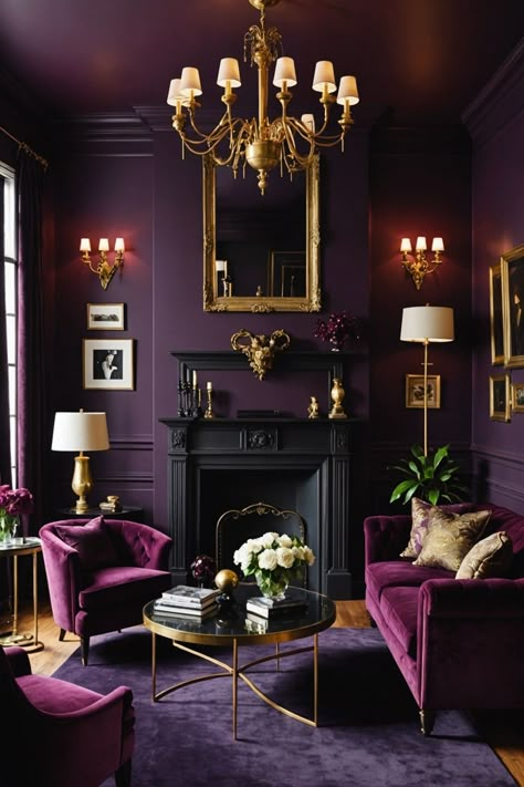 Royal Living Room Luxury, Dark Purple Living Room, Plum Living Room, Royal Living Room, Gothic Bedrooms, Victorian Sitting Room, Jewel Tone Living Room, Luxury Decor Ideas, Purple Interior Design