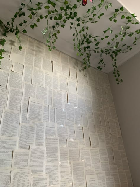 Simple Wall Stickers, Wall Covered In Book Pages, Diy Book Page Wall, Book Page Walls, Book Pages On Wall Aesthetic, Book Pages On Wall, Book Pages Wall Decor, Diy Book Wall, Book Paper Wall