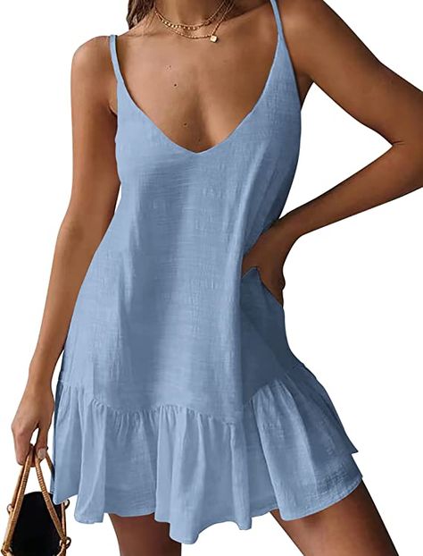 Womens Summer Swimsuit Cover Up Loose Sleeveless Bikini Coverups Casual Cami Beach Dress Classy Sundress, Loose Mini Dress, Beach Mini Dress, Mini Robes, Camisole Dress, Mini Dresses For Women, Dresses Elegant, Dress Spaghetti, Types Of Skirts