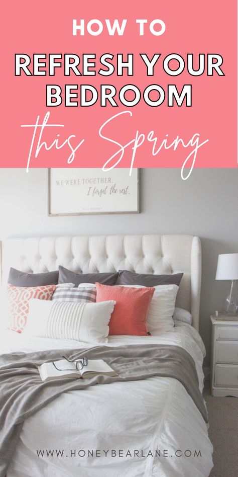 One of my favorite things this spring is to refresh our bedroom. After a long and depressing winter, it's always a good idea to refresh your bedroom by bringing in colors, plants, and art. Check my blog for the spring bedroom refresh reveal. Master bedroom spring refresh. How to redecorate your bedroom. Spring bedroom decor ideas and inspiration. Spring Bedroom Decor 2023, Spring Bedding Bedroom Inspiration, Spring Bedding Bedroom, Bathroom Storage Design, Spring Bedroom Ideas, Bathroom Flooring Ideas, Bedroom Spring, Spring Bedroom Decor, Spring Home Decor Ideas