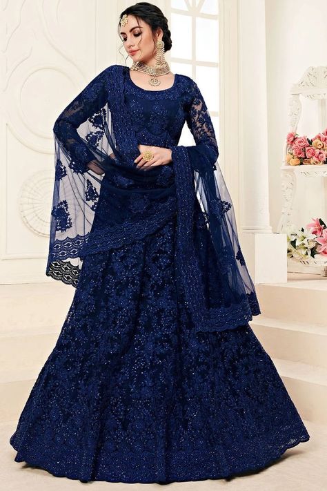 Dark Blue Lehenga, Navy Blue Lehenga, Party Wear Lehenga Choli, Gaun Fashion, Blue Lehenga, Lehenga Online, Net Lehenga, Neck Deep, Lehenga Choli Online