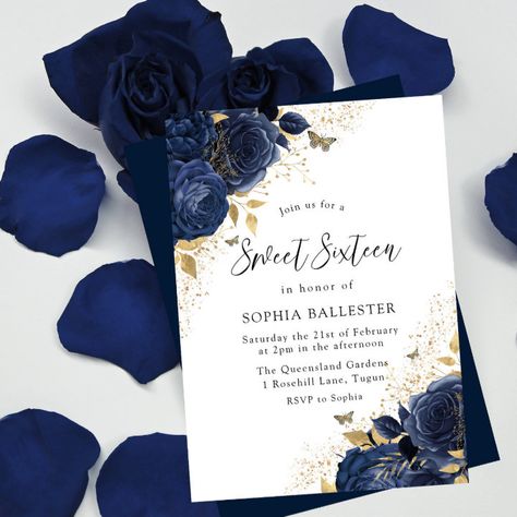 Blue Themed Invitation Card, Quinceanera Invitations Navy Blue, Blue White And Gold Sweet 16, Navy Blue Quinceanera Invitations, Sweet Sixteen Party Themes Blue, Royal Blue Sweet 16 Invitations, Navy Blue And Gold Sweet 16 Theme, Sweet Sixteen Invitation Ideas, Royal Blue Sweet 16 Decorations