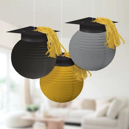 Black, Gold & Silver Grad Cap with Tassel Paper Lanterns, 9.5in, 3ct Paper Lantern Making, Grad 2023, High School Graduation Party Decorations, Backyard Graduation Party, Senior Graduation Party, Gold Graduation Party, Graduation Tables, Graduation Party Diy, Graduation Party Centerpieces