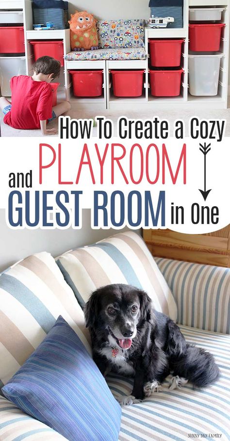 Want to maximize your space? Combine your playroom and guest room in one! It’s easy to do with smart storage solutions and pieces that do double duty. Make it cozy for kids, comfy for guests, and a place everyone will love with these tips. AD Guest Bedroom Playroom Combo Ideas, Guest Bedroom Family Room Combo, Small Family Room Dining Room Combo, Closet To Playroom, Small Playroom Guest Room Combo, Playroom And Guest Room Combo Ideas, Family Guest Room, Toy Room Guest Room Combo, Small Bedroom Playroom