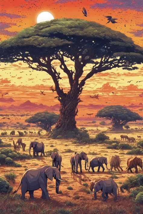 Vibrant Safari Scene Check more: https://paintlyx.com/vibrant-safari-scene/ African Trees, Rainforest Ecosystem, Safari Scene, African Tree, Jungle Photography, The Wild One, Men Cave, Safari Adventure, Majestic Animals