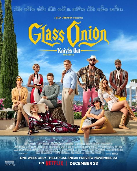 Murphy's Multiverse on Twitter: "New poster for #GlassOnion https://t.co/EKqItrKlAQ" / Twitter Film Thriller, Leslie Odom, Film Netflix, Glass Onion, Dave Bautista, Rian Johnson, Kathryn Hahn, Edward Norton, Madelyn Cline