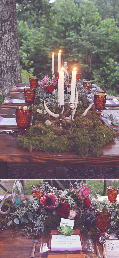 marsala woodland bohemian wedding ideas Bohemian Tablescape, Woodland Tablescape, Bohemian Centerpieces, Woodland Table, Forest Wedding Reception, Orange Bouquet, Nordic Wedding, Enchanted Woodland, Magical Woodland