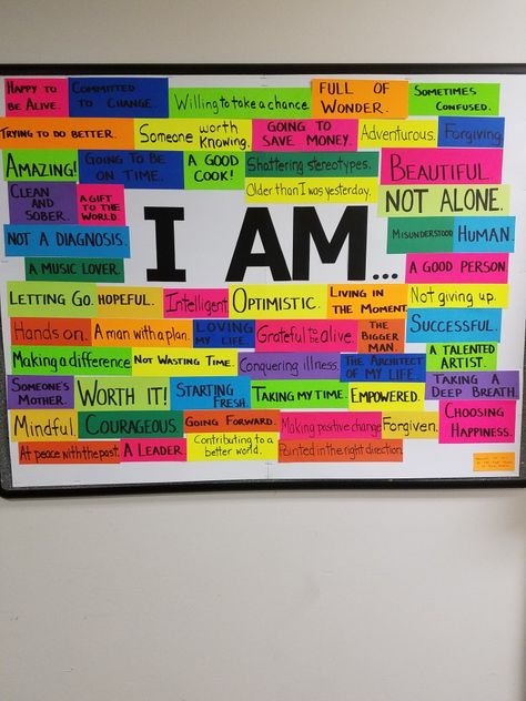 "I am" bulletin board Sticky Notes Quotes, Mindset Bulletin Board, Health Bulletin Boards, Work Bulletin Boards, School Bulletin Boards, Classroom Bulletin Boards, Board Decoration, School Counselor, School Counseling