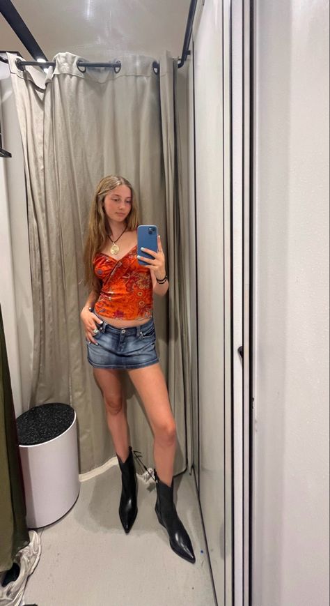 orange top, low rise skirt, cowboy boots Low Waisted Shorts Outfit, Y2k Mini Denim Skirt For Summer, Y2k Style Dark Wash Mini Denim Skirt, Y2k Wishlist, Low Wasted Denim Skirt, Low Rise Mini Skirt Outfit Aesthetic, Low Rise Denim Skirt, Mini Denim Skirt Outfit, Low Rise Skirt Outfit