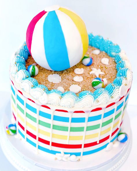 This all buttercream, striped beachy fun cake is everything you need for your summer party! Beach Ball Cake, Beach Ball Birthday, Chocolate Cake Designs, Ball Birthday Parties, Ball Cake, Boy Birthday Party Themes, Beach Themed Party, Eat Me, Beach Ball