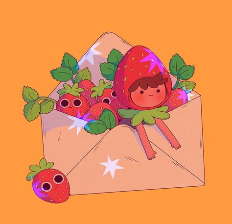 Fruit Themed Character Design, Strawberry Design Illustration, Cherry Character Design, Spring Character Design, Strawberry Character Design, Apricot Illustration, Watermelon Character, Strawberry Character, Strawberry Cartoon